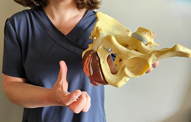 Physiotherapist explaining pelvic floor function