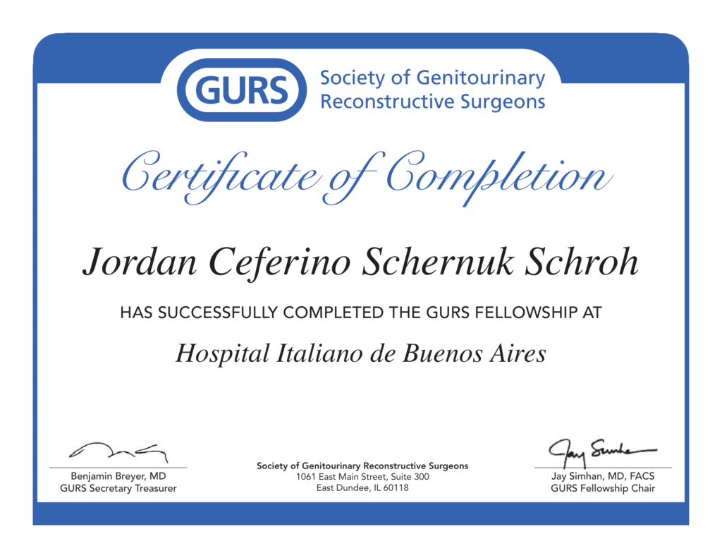 Certificado de fellowship de cirugia reconstructiva genitourinaria expedido por la society of genitourinary reconstructive surgeons para Jordán Scherñuk