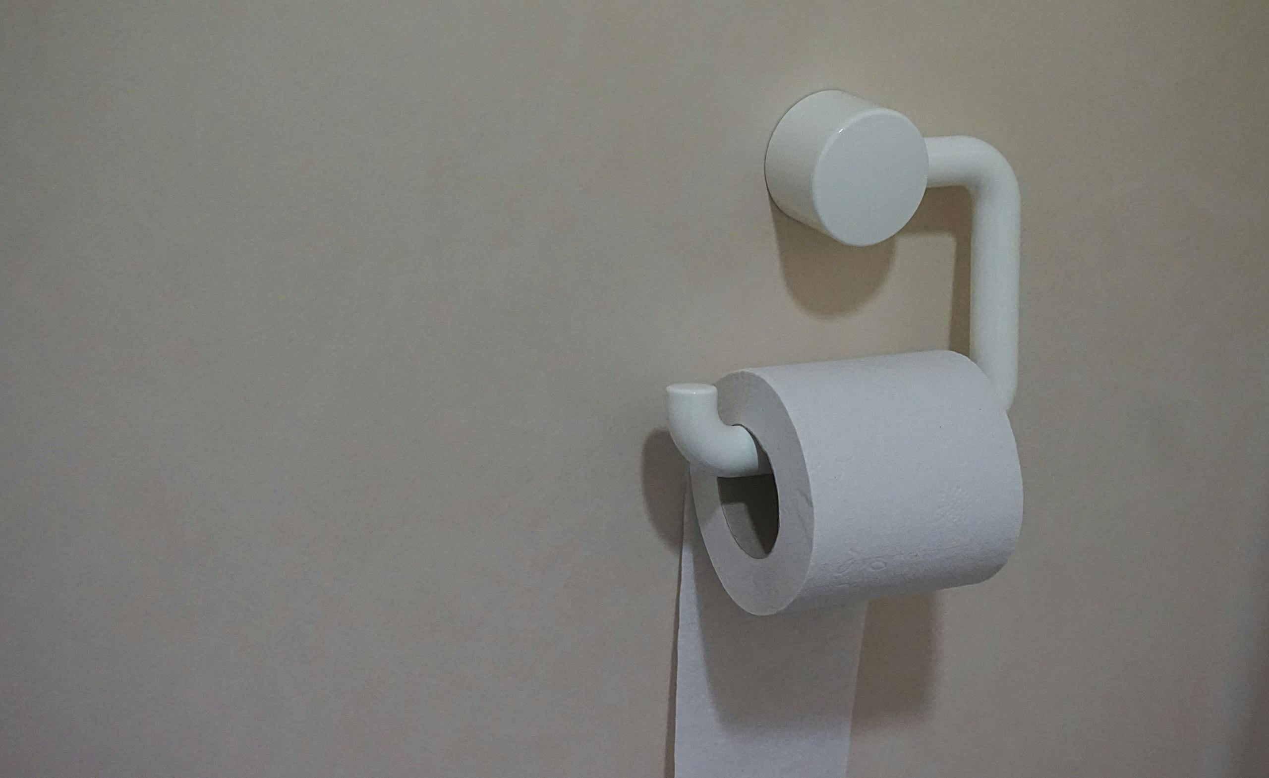 A simple white toilet paper holder mounted on a beige bathroom wall.